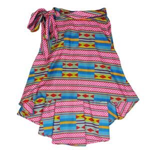 Shenbolen Tie Waist Geometric African Tribal Print Dashiki Hi-Low Skirt, Size S